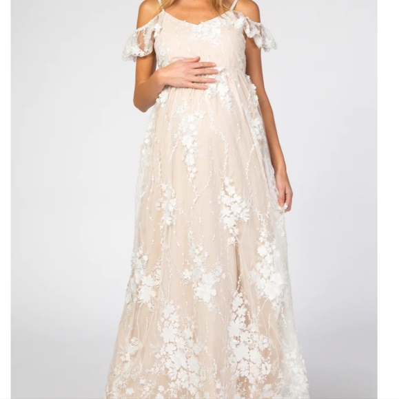 NWT Ivory Floral Embroidered Mesh Maternity Evening Gown - Picture 3 of 9
